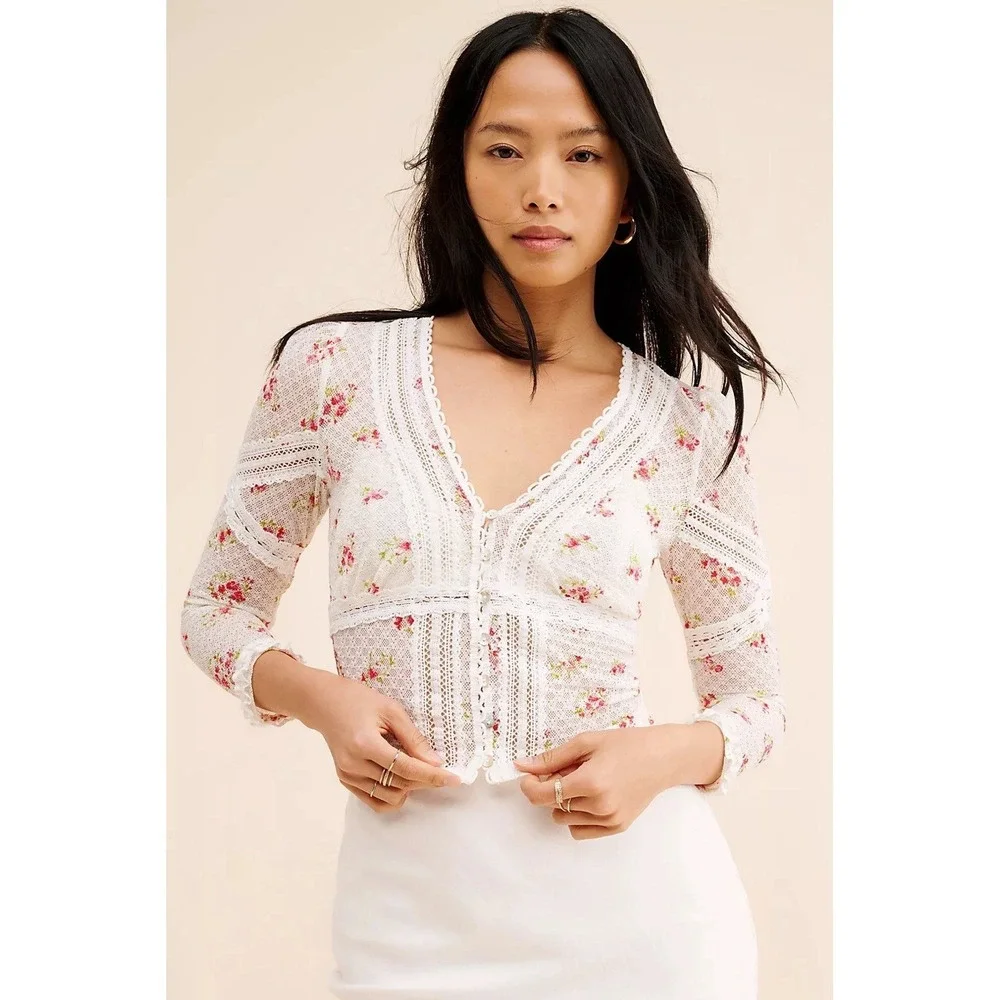 Free People Kika Printed Top Floral Lace Cardigan White Pink M Coquette Cutecore - Picture 16 of 16